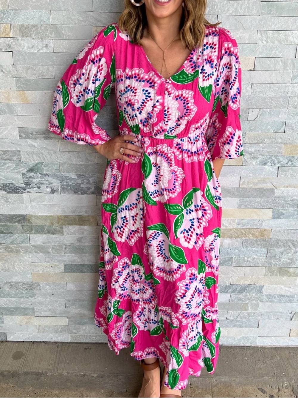 Mary Square “Melissa” Pink Floral Maxi Dress with Green Leaf Print